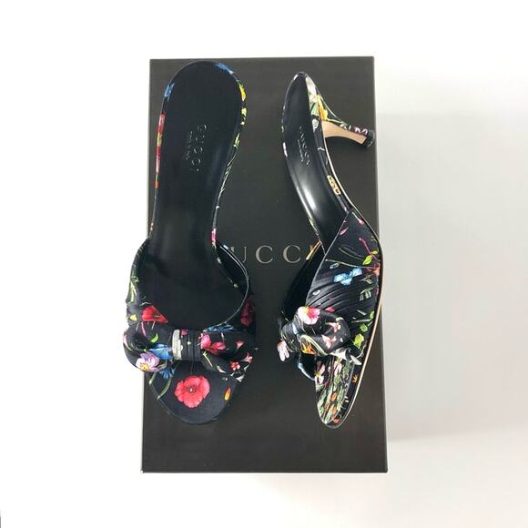 NIB Vintage Gucci Flora Satin Bow Flower Print Kitten Heel Slip On Mules 6 - Picture 12 of 12